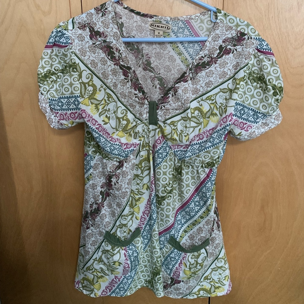 Boho Chic Short Puff Sleeve 100% Cotton Top Bird Print Casual Multicolor Pockets